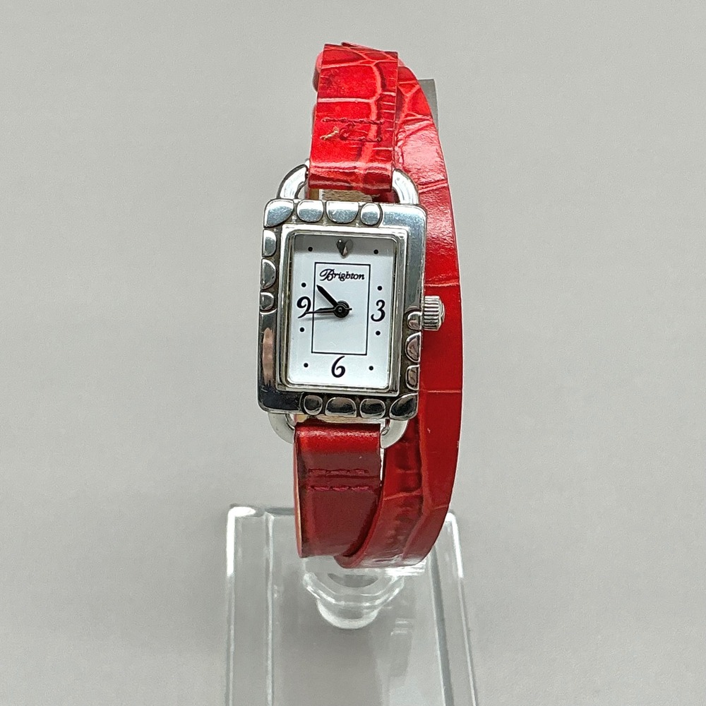 Brighton Watch Womens Red Leather Double Wrap Silver Rectangle NEW BATTERY